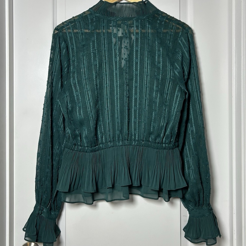 Ryegrass Green Lace Chiffon Ruffle Peplum Tie Neck Blouse Fairycore Boho Style - Picture 2 of 2